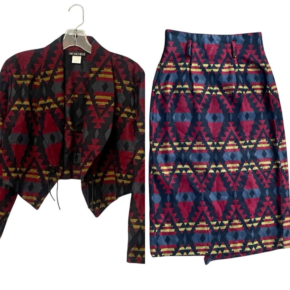 90s My Michelle Wrap Maxi Skirt & Jacket Size M Fleece Aztec Southwestern Rodeo